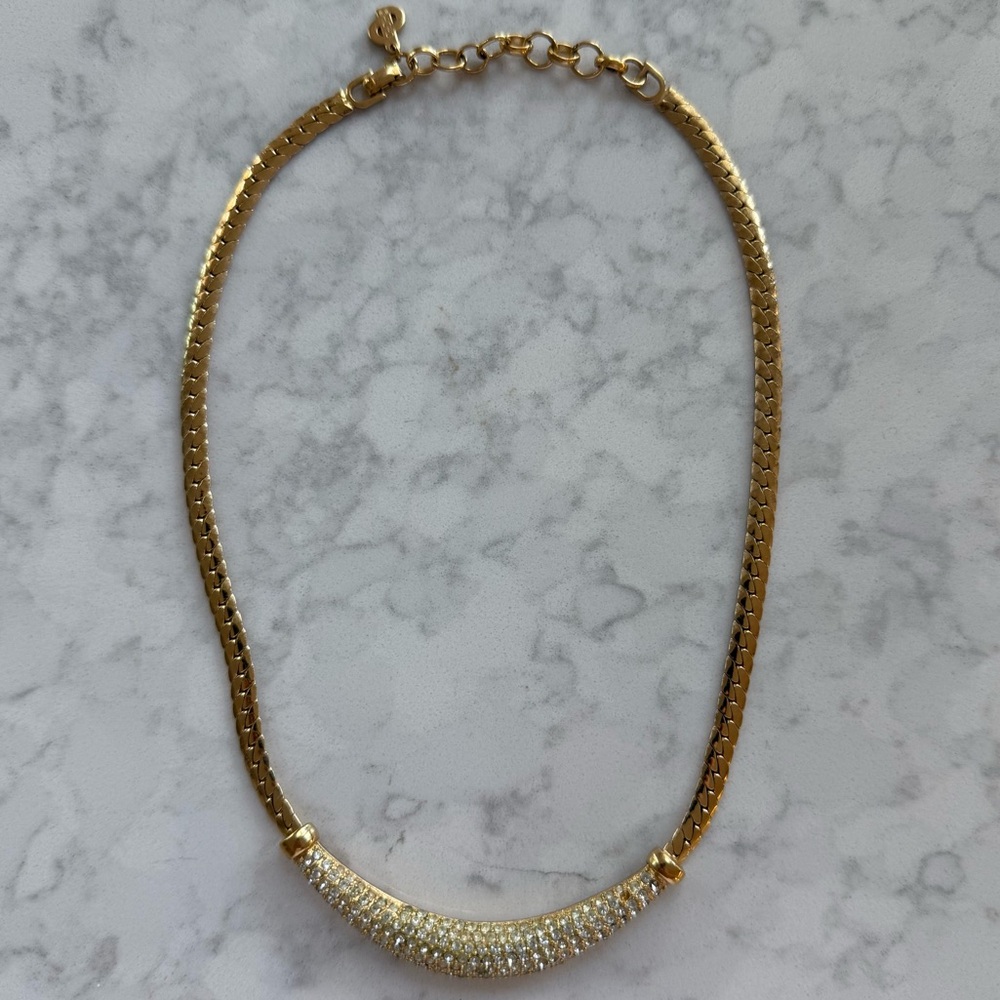 Vintage Christian Dior CD Gold Tone Rhinestone Statement Necklace